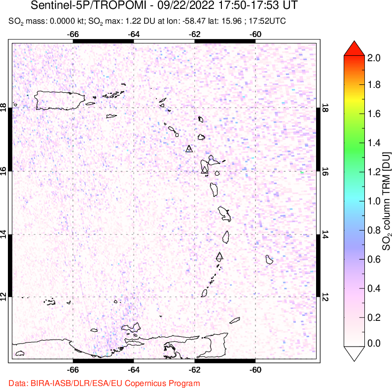 A sulfur dioxide image over Montserrat, West Indies on Sep 22, 2022.
