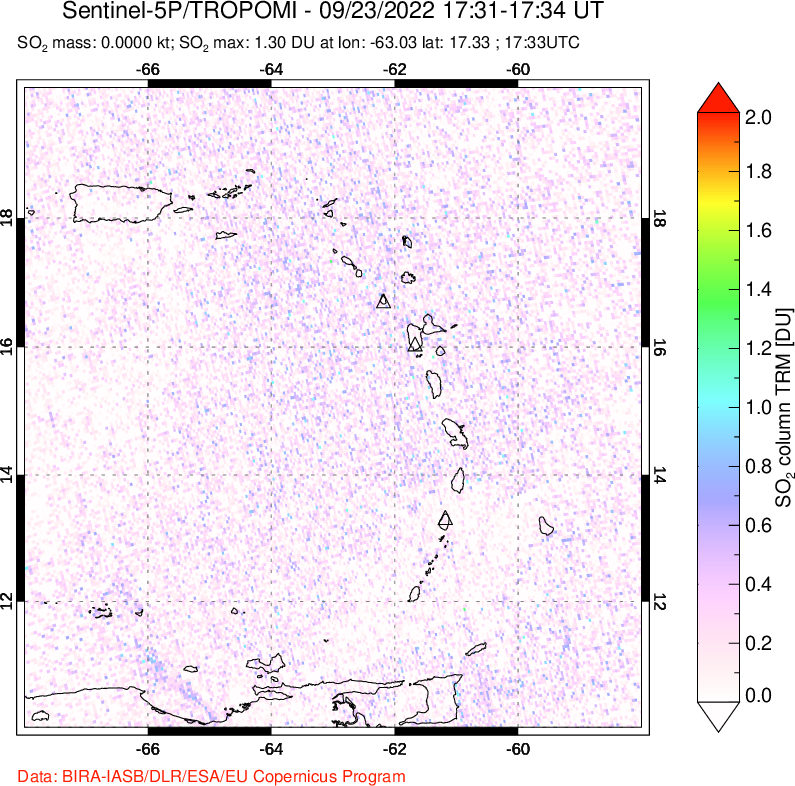A sulfur dioxide image over Montserrat, West Indies on Sep 23, 2022.