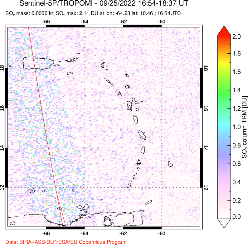 A sulfur dioxide image over Montserrat, West Indies on Sep 25, 2022.