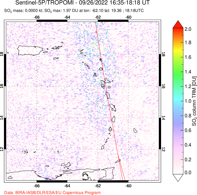 A sulfur dioxide image over Montserrat, West Indies on Sep 26, 2022.