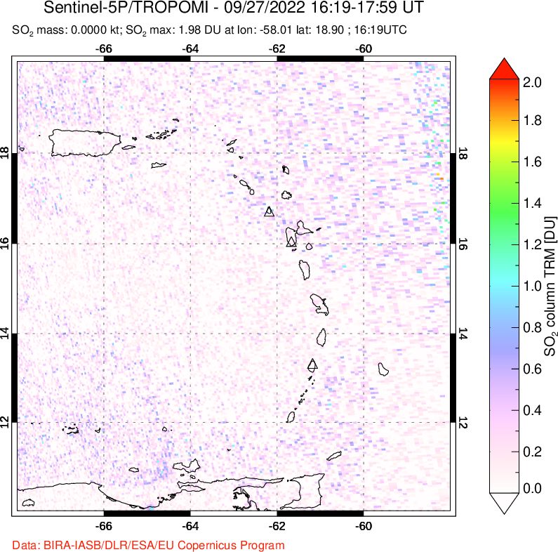 A sulfur dioxide image over Montserrat, West Indies on Sep 27, 2022.