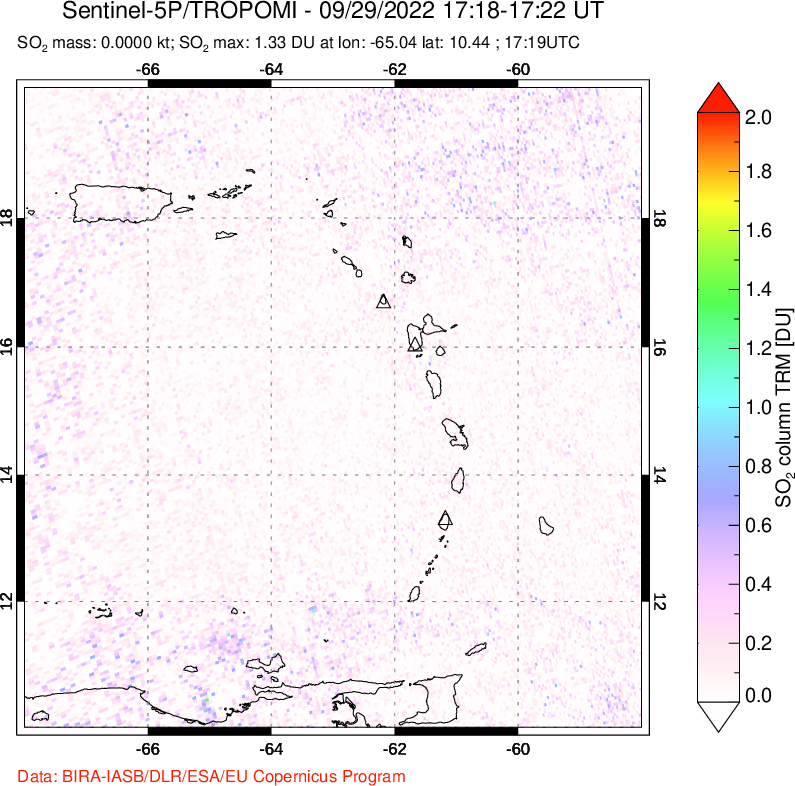 A sulfur dioxide image over Montserrat, West Indies on Sep 29, 2022.
