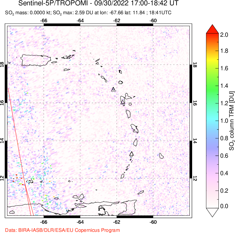 A sulfur dioxide image over Montserrat, West Indies on Sep 30, 2022.