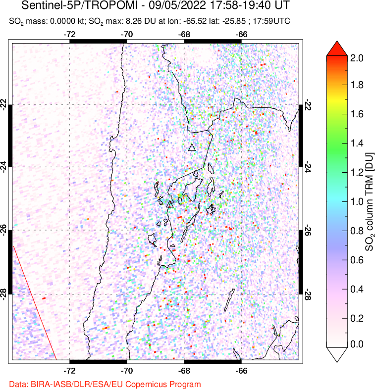 A sulfur dioxide image over Northern Chile on Sep 05, 2022.