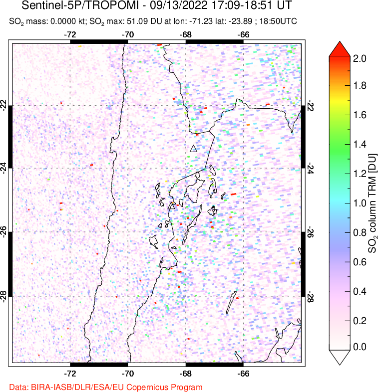 A sulfur dioxide image over Northern Chile on Sep 13, 2022.