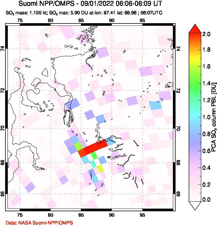 A sulfur dioxide image over Norilsk, Russian Federation on Sep 01, 2022.