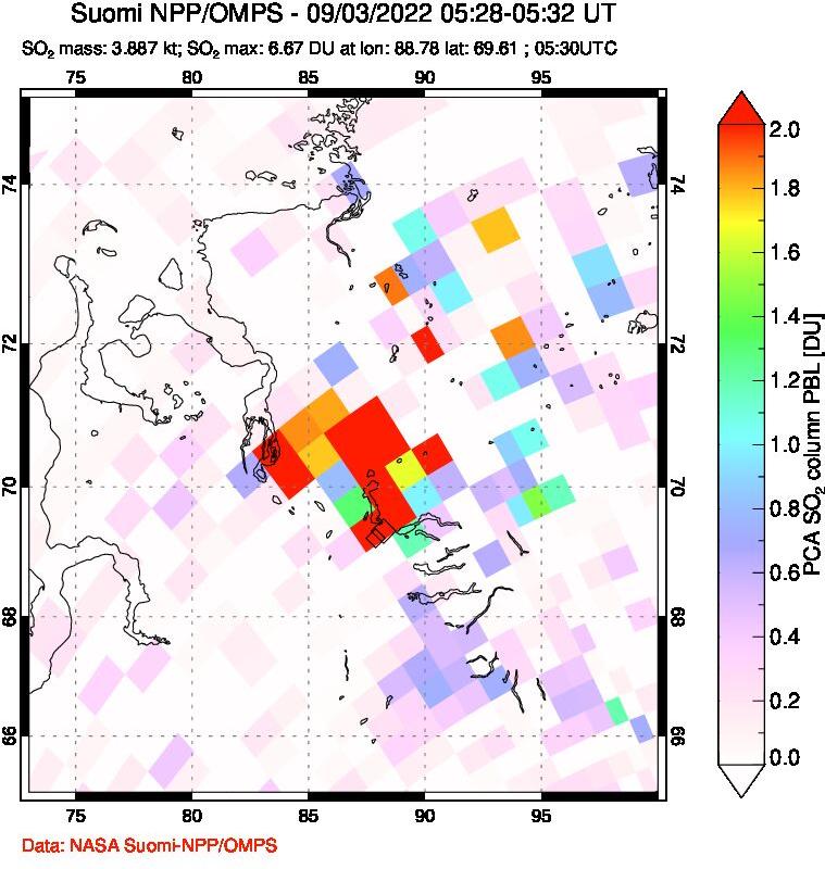 A sulfur dioxide image over Norilsk, Russian Federation on Sep 03, 2022.