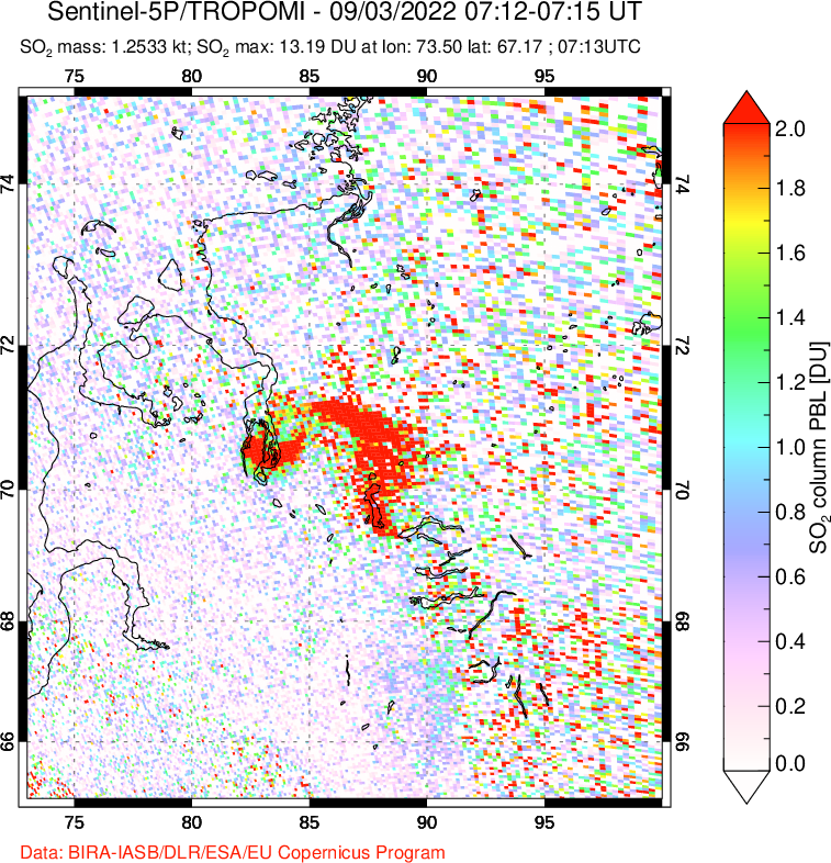 A sulfur dioxide image over Norilsk, Russian Federation on Sep 03, 2022.