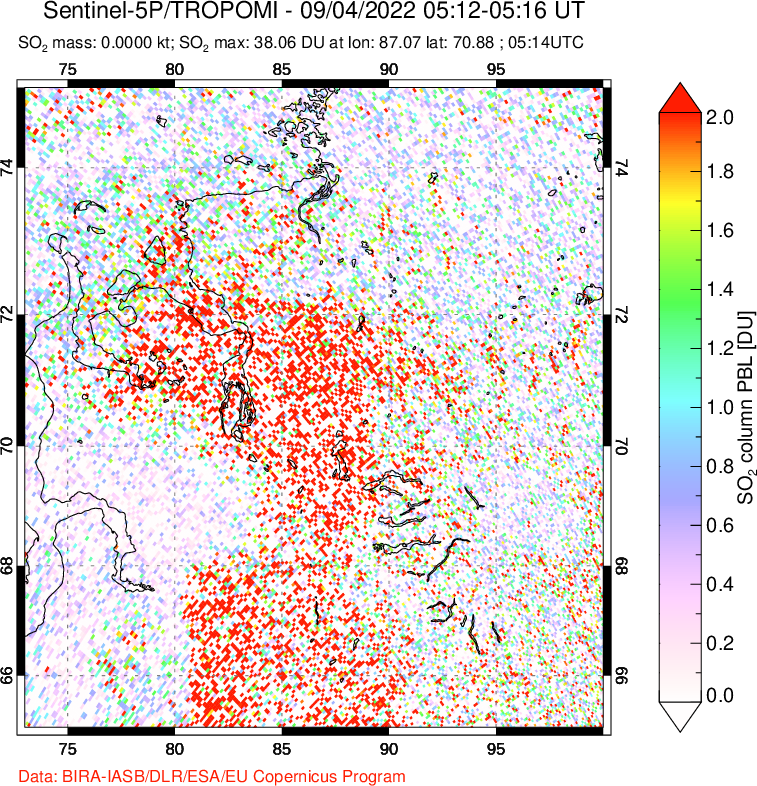 A sulfur dioxide image over Norilsk, Russian Federation on Sep 04, 2022.