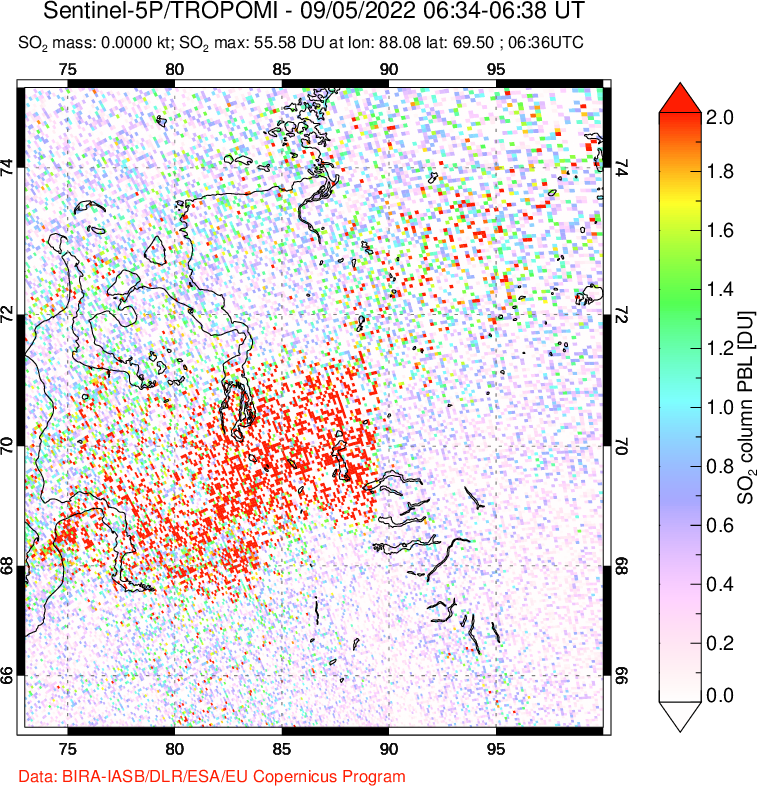A sulfur dioxide image over Norilsk, Russian Federation on Sep 05, 2022.