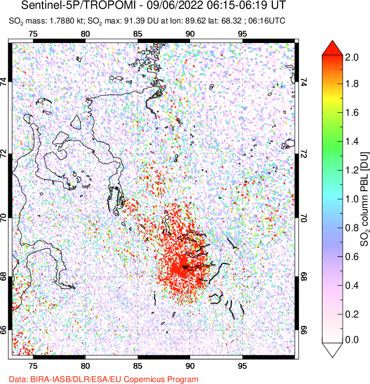 A sulfur dioxide image over Norilsk, Russian Federation on Sep 06, 2022.