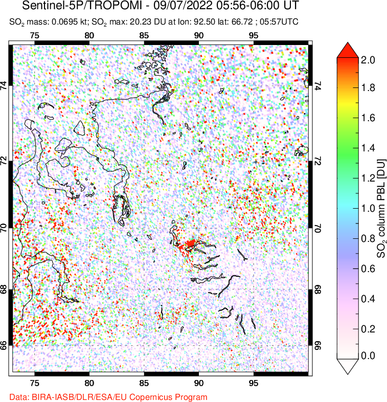 A sulfur dioxide image over Norilsk, Russian Federation on Sep 07, 2022.
