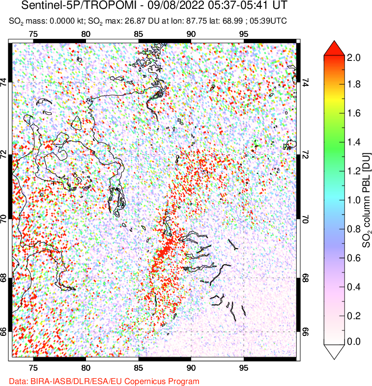 A sulfur dioxide image over Norilsk, Russian Federation on Sep 08, 2022.