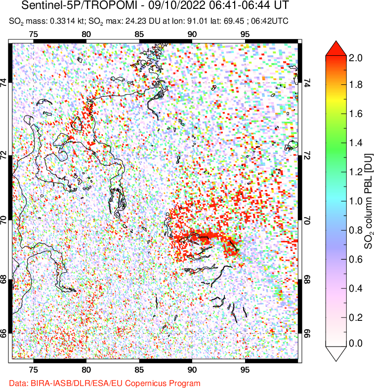 A sulfur dioxide image over Norilsk, Russian Federation on Sep 10, 2022.