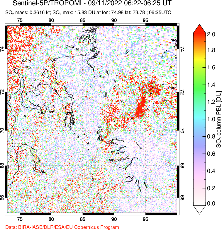 A sulfur dioxide image over Norilsk, Russian Federation on Sep 11, 2022.