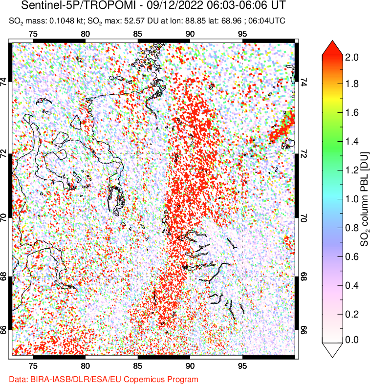 A sulfur dioxide image over Norilsk, Russian Federation on Sep 12, 2022.