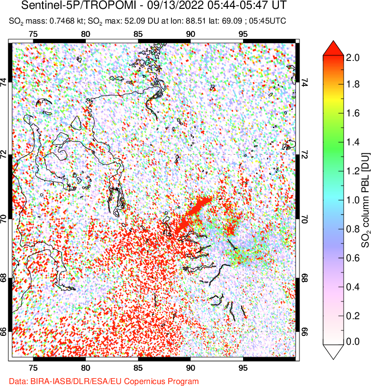 A sulfur dioxide image over Norilsk, Russian Federation on Sep 13, 2022.