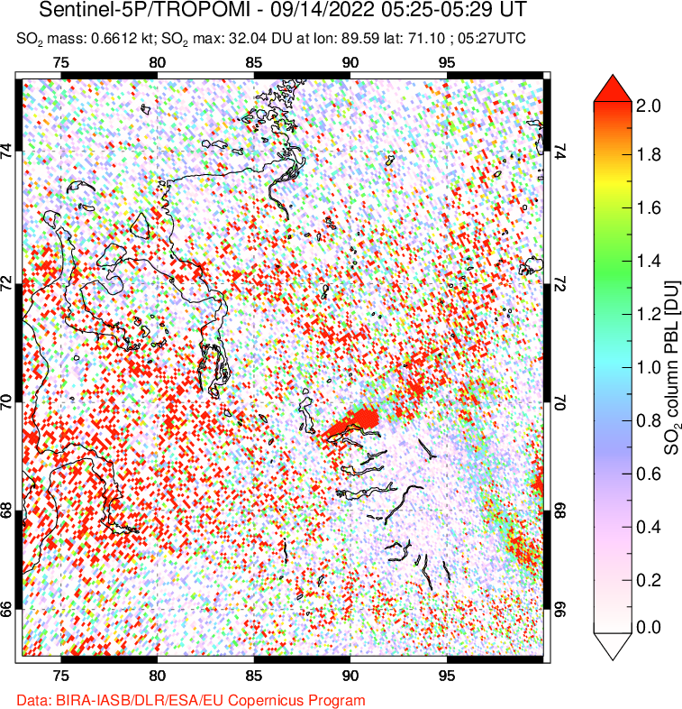 A sulfur dioxide image over Norilsk, Russian Federation on Sep 14, 2022.