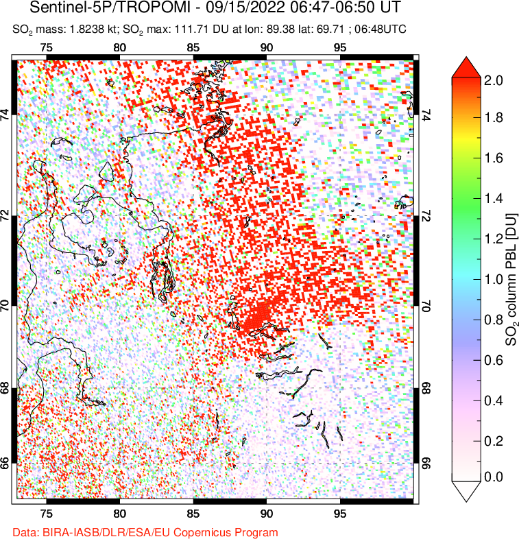 A sulfur dioxide image over Norilsk, Russian Federation on Sep 15, 2022.