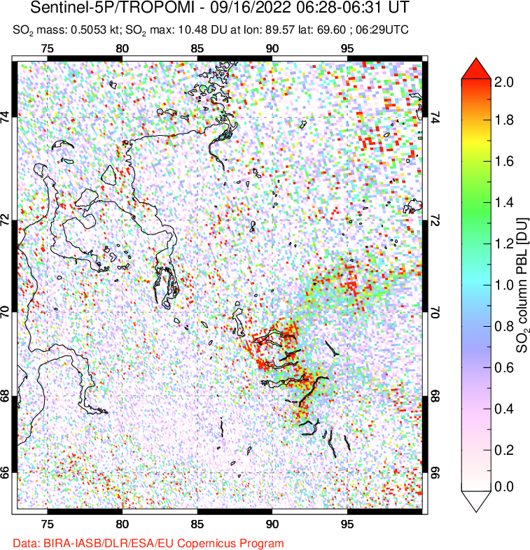 A sulfur dioxide image over Norilsk, Russian Federation on Sep 16, 2022.