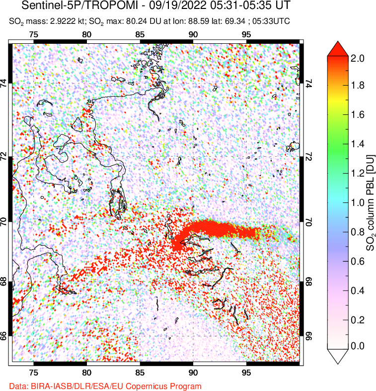 A sulfur dioxide image over Norilsk, Russian Federation on Sep 19, 2022.