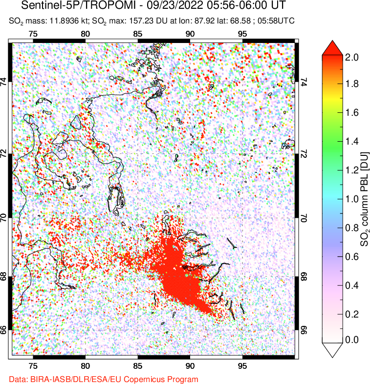 A sulfur dioxide image over Norilsk, Russian Federation on Sep 23, 2022.