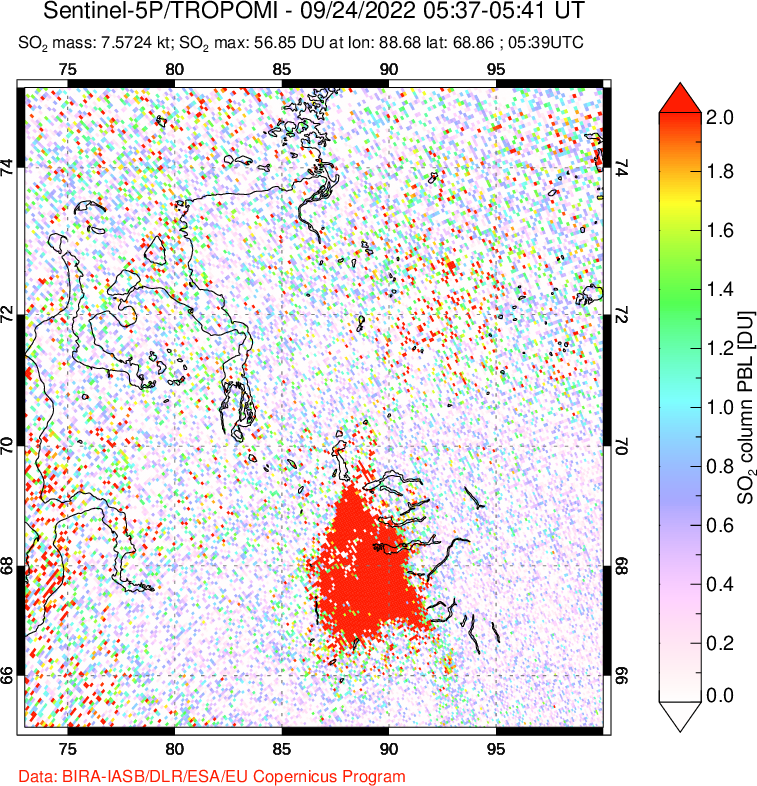A sulfur dioxide image over Norilsk, Russian Federation on Sep 24, 2022.