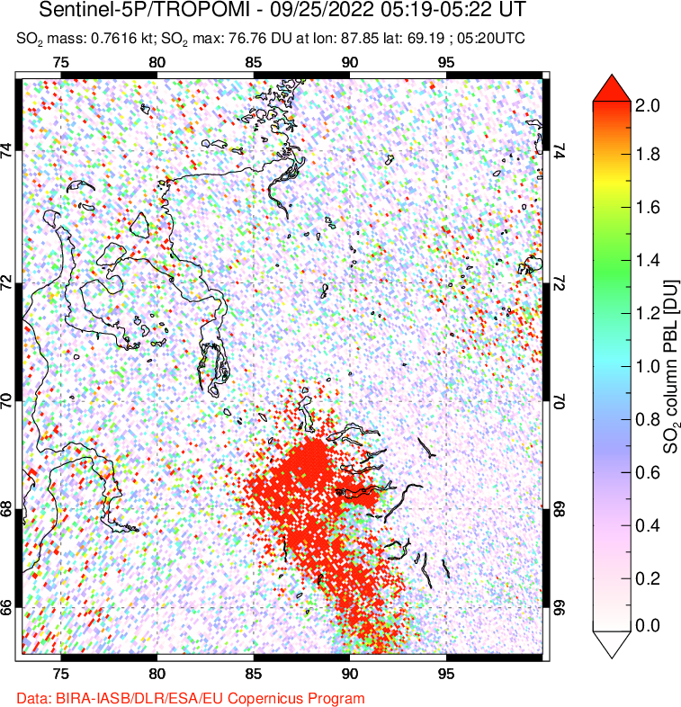 A sulfur dioxide image over Norilsk, Russian Federation on Sep 25, 2022.