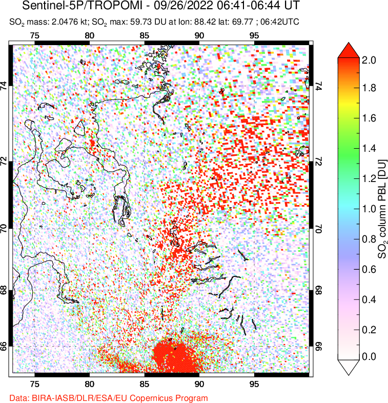 A sulfur dioxide image over Norilsk, Russian Federation on Sep 26, 2022.