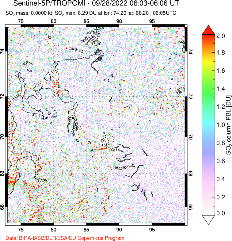 A sulfur dioxide image over Norilsk, Russian Federation on Sep 28, 2022.