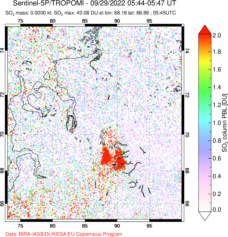 A sulfur dioxide image over Norilsk, Russian Federation on Sep 29, 2022.