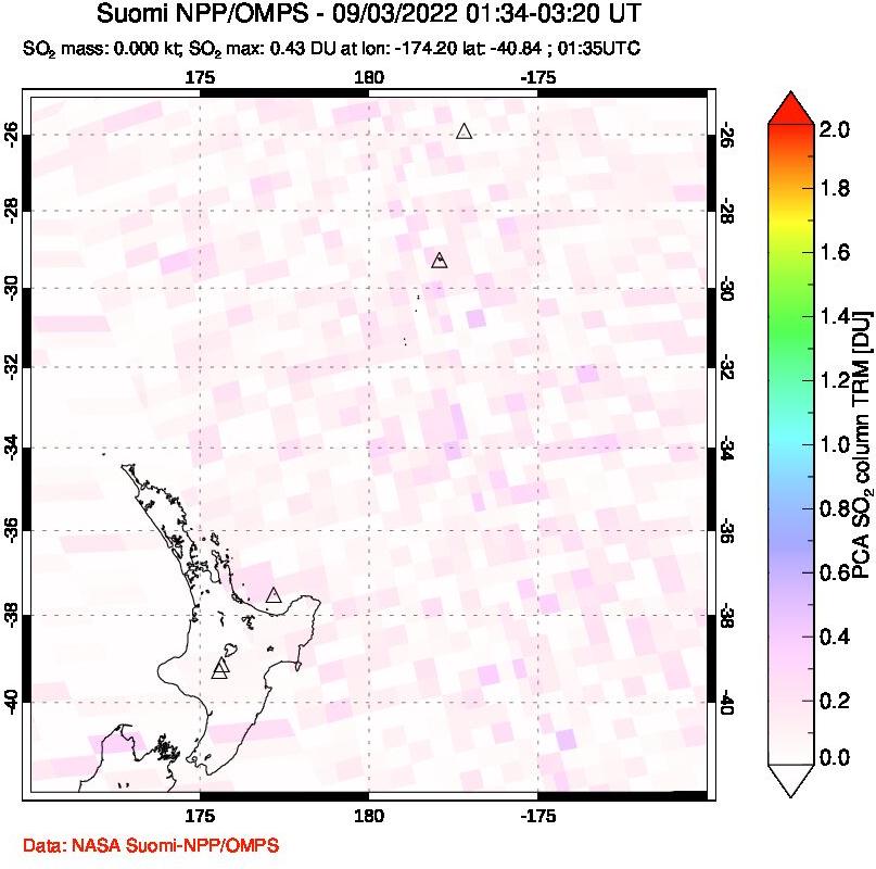 A sulfur dioxide image over New Zealand on Sep 03, 2022.