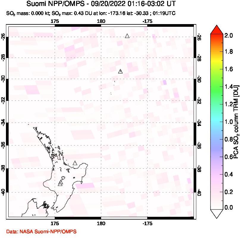 A sulfur dioxide image over New Zealand on Sep 20, 2022.