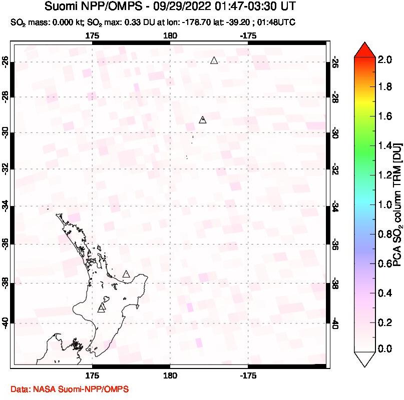 A sulfur dioxide image over New Zealand on Sep 29, 2022.