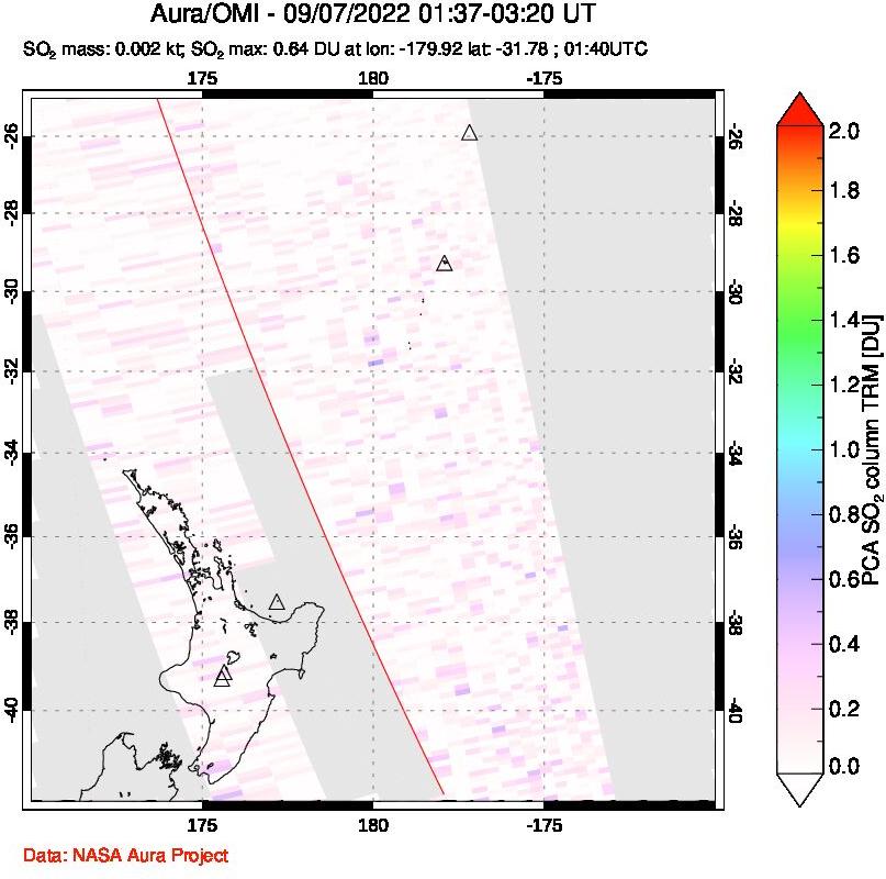 A sulfur dioxide image over New Zealand on Sep 07, 2022.