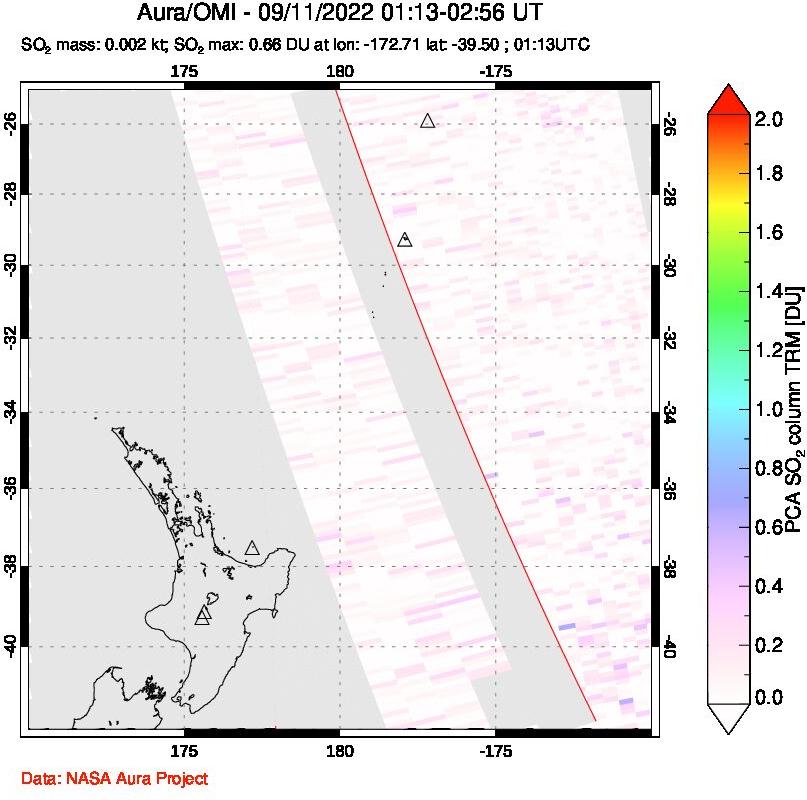 A sulfur dioxide image over New Zealand on Sep 11, 2022.
