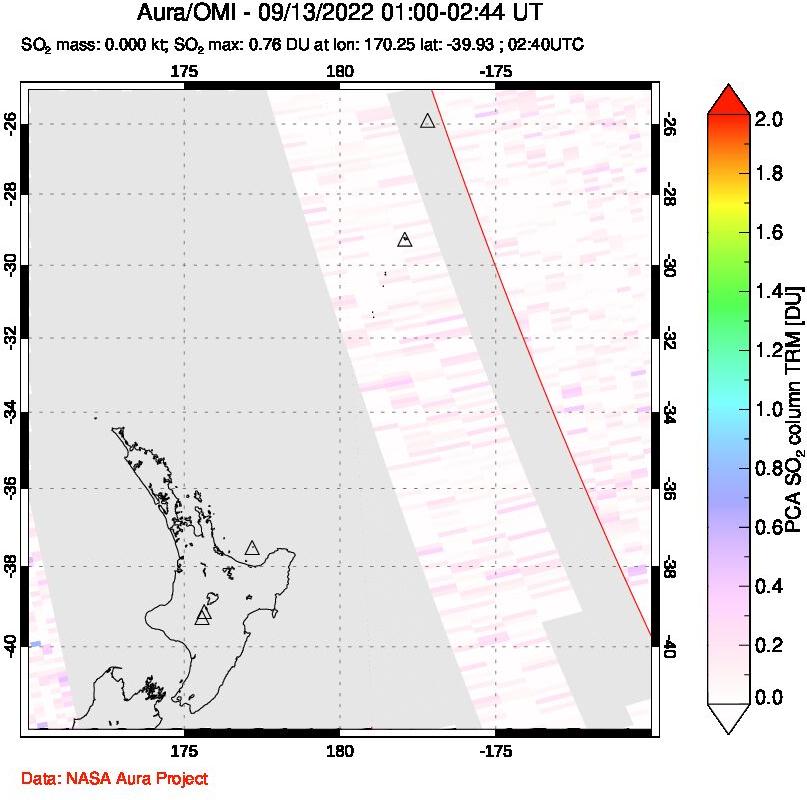 A sulfur dioxide image over New Zealand on Sep 13, 2022.