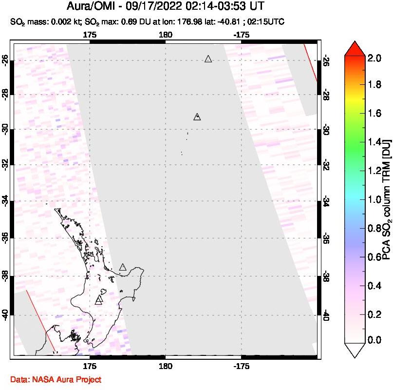 A sulfur dioxide image over New Zealand on Sep 17, 2022.