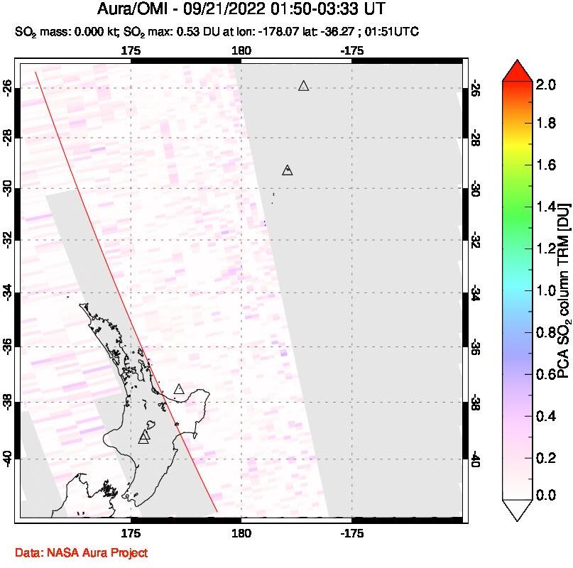 A sulfur dioxide image over New Zealand on Sep 21, 2022.