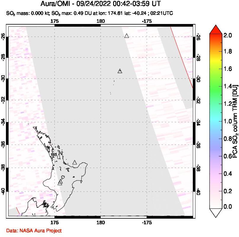 A sulfur dioxide image over New Zealand on Sep 24, 2022.
