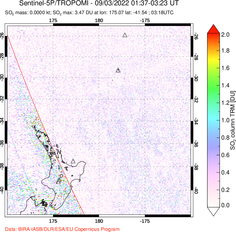 A sulfur dioxide image over New Zealand on Sep 03, 2022.