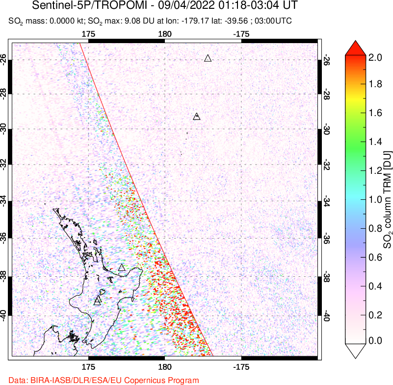 A sulfur dioxide image over New Zealand on Sep 04, 2022.