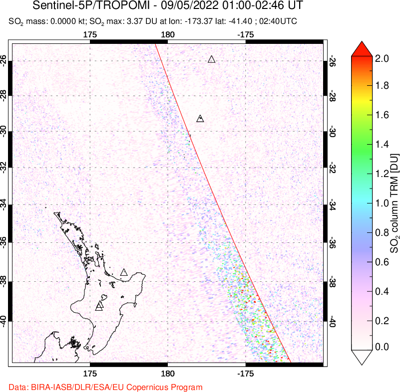 A sulfur dioxide image over New Zealand on Sep 05, 2022.