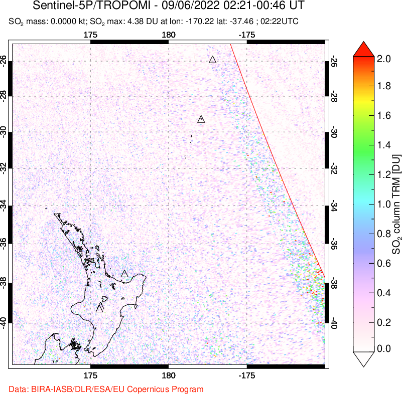 A sulfur dioxide image over New Zealand on Sep 06, 2022.