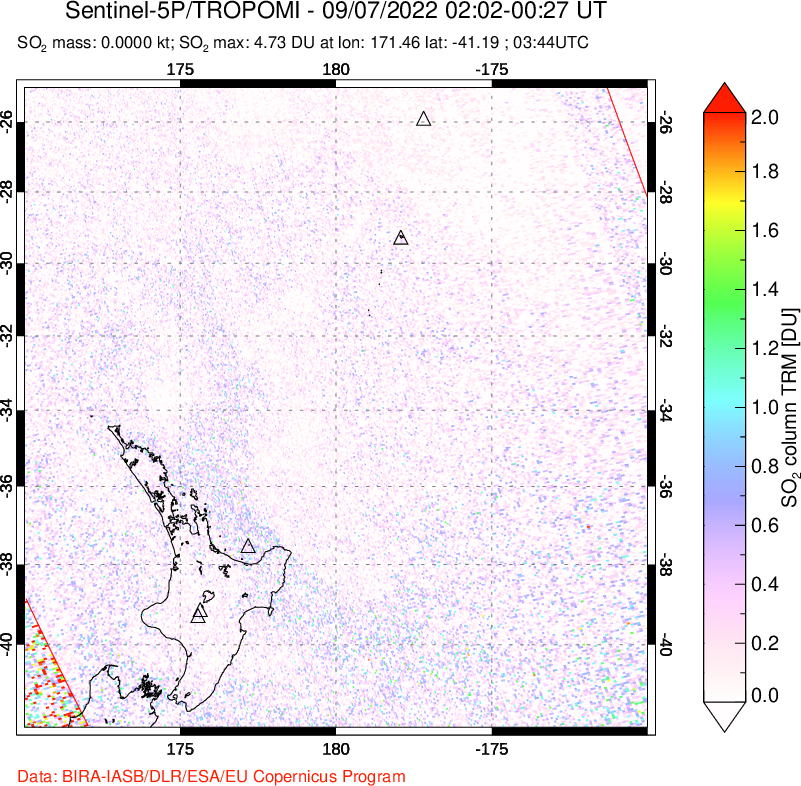 A sulfur dioxide image over New Zealand on Sep 07, 2022.