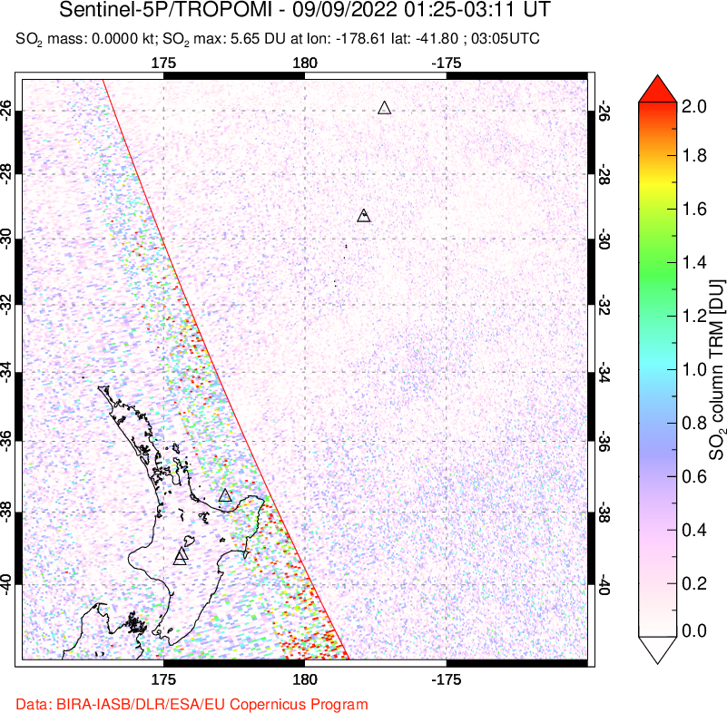 A sulfur dioxide image over New Zealand on Sep 09, 2022.