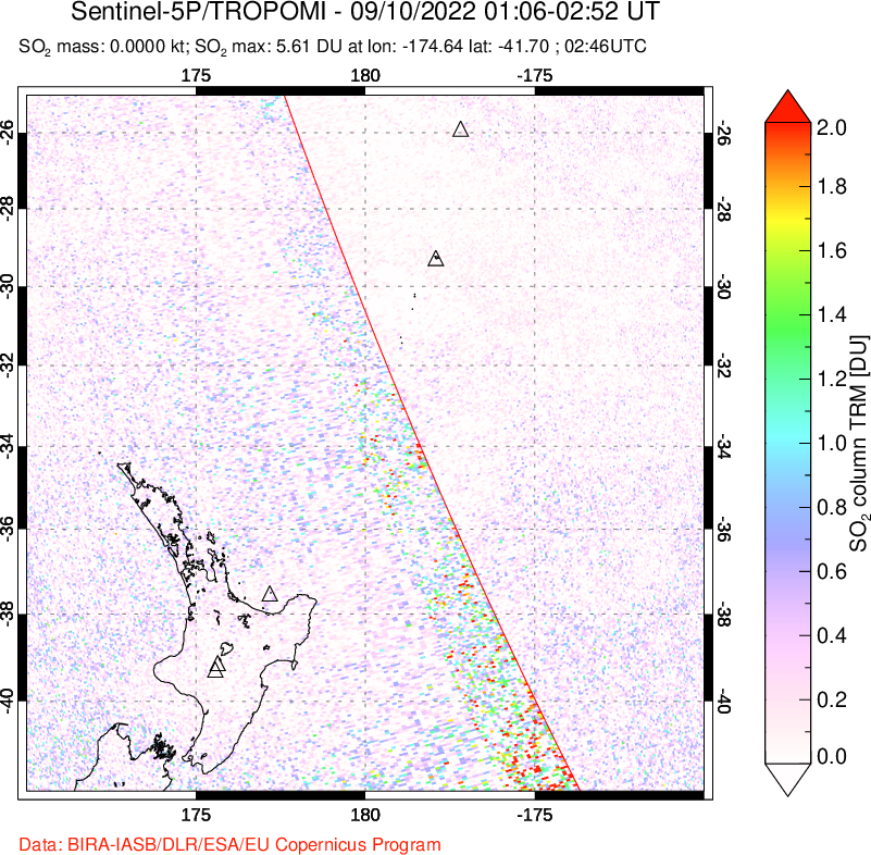 A sulfur dioxide image over New Zealand on Sep 10, 2022.