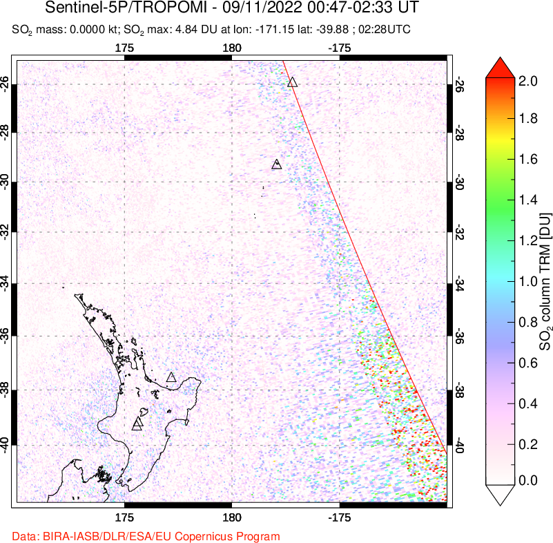 A sulfur dioxide image over New Zealand on Sep 11, 2022.