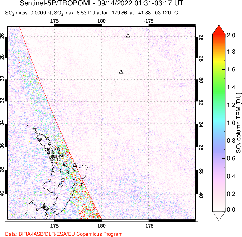 A sulfur dioxide image over New Zealand on Sep 14, 2022.