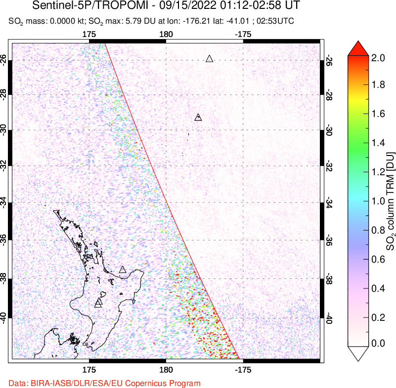 A sulfur dioxide image over New Zealand on Sep 15, 2022.